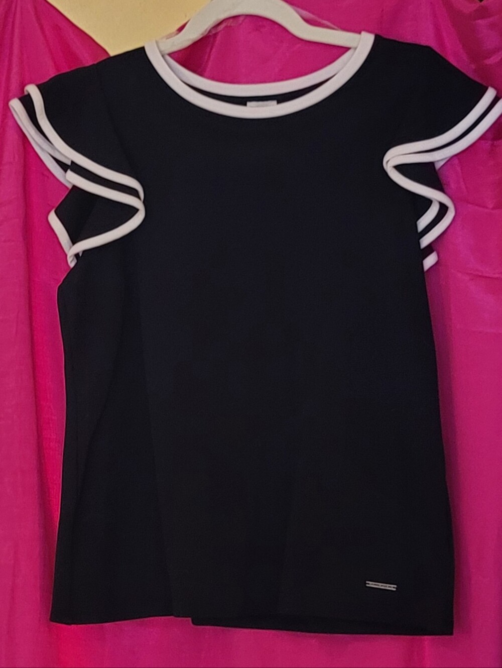 Navy Ruffle Sleeve Top with White Trim